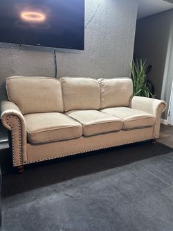 Beige 3-Seat Sofa with Nailhead Trim