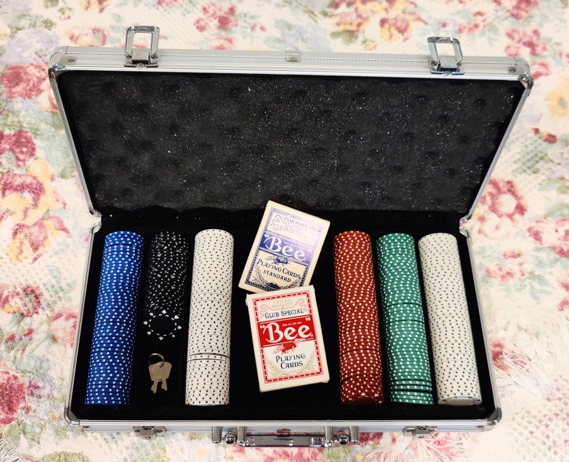 Poker Chip Set in Aluminum Case with Bee Playing Cards