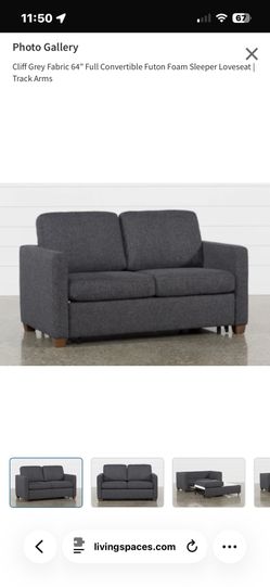 Living Spaces Cliff Grey Fabric 64" Full Convertible Futon Foam Sleeper Loveseat | Track Arms