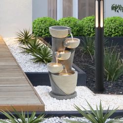 Gray Cascading Bowls and Column Resin Outdoor Fountain with LED Lights ，F1764