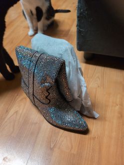 OUEPIANO Women's Black Rhinestone Cowboy Boots