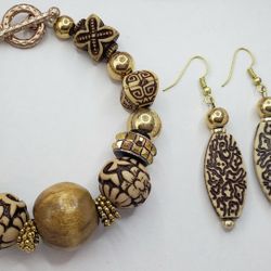 VcJewels Tribal Wood-Gold Bracelet/Earrings 