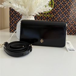 NWT, tory burch emerson patent mini crossbody bag in black 157730 leather