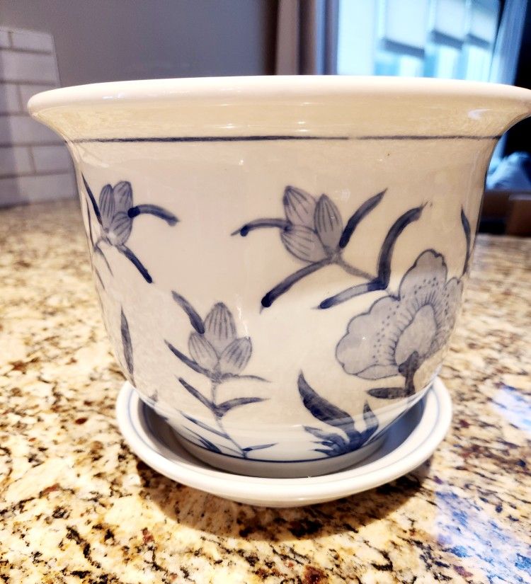 Planter pot with saucer blue white floral chinoiserie glazed ceramic