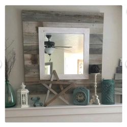 Barn Wood Slat Mirror W/ White Overlay