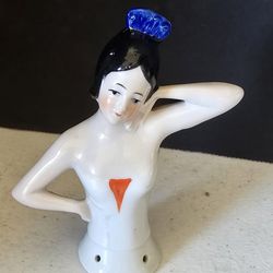 VTG 4" half doll / pincushion doll,  Black haired woman with blue hair ribbon
