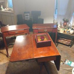 Antique Double Leaf Dining Table And Two Antique End Tables