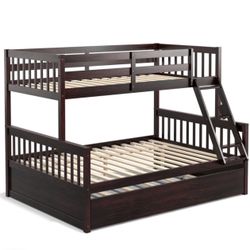 Twin Over Twin Bunk Bed with Twin Trundle Convertible Platform Bed Espresso