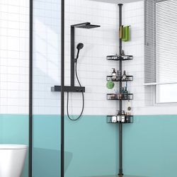 Corner Shower Caddy Tension Pole: Adjustable Stainless Steel Shower  Organizer with 4 Tier Shelf for Bathroom Bathtub Tub Shampoo -Floor  Standing Rack