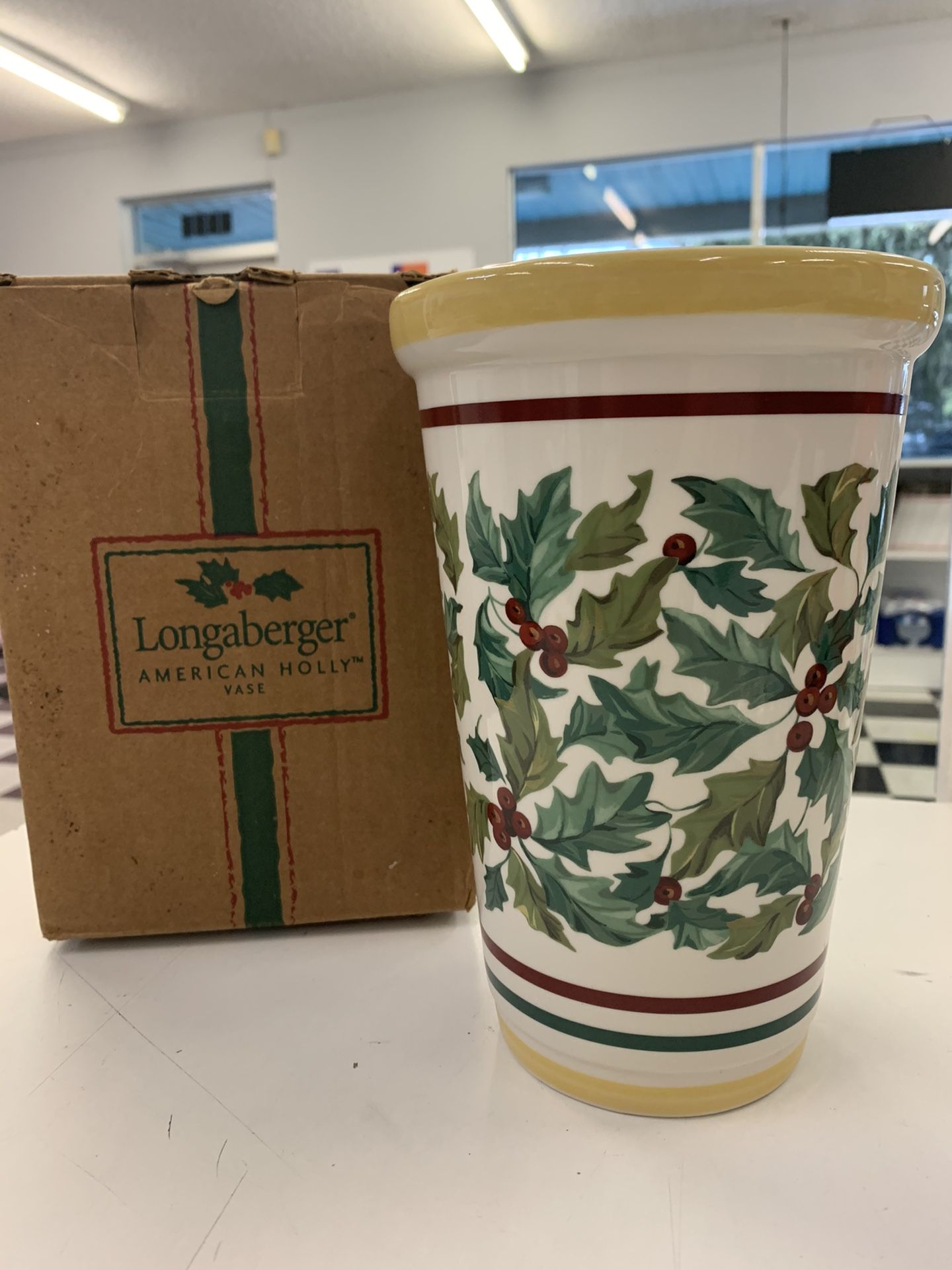 Longaberger Christmas American holly vase