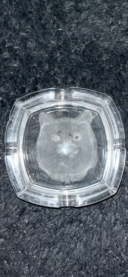 Vtg Crystal Etched Cat Frosted Glass Trinket Change Makeup Brush Dish Ashtray