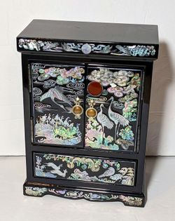 Vintage Asian Black Lacquer Jewelry Box-inlaid Mother of Pearl 12 Inch High 6 In