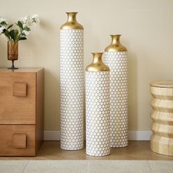 Metal Tall Floor Vase Set of 3, Large Gold Vase Decorative Tall Stand Vases for Dried Flower, Modern Home Decor for Living Room, Hallway, Wedding Cent