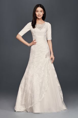 Trumpet Lace Beaded Wedding Dress 3/4 Sleeve