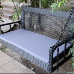 Black - 60" Patio Porch Swing Chair | Bench Resin Wicker Tree Ceiling Hanger Hanging W/Chains and cushions