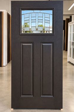 Dark Brown Exterior Entry Door with Decorative Glass