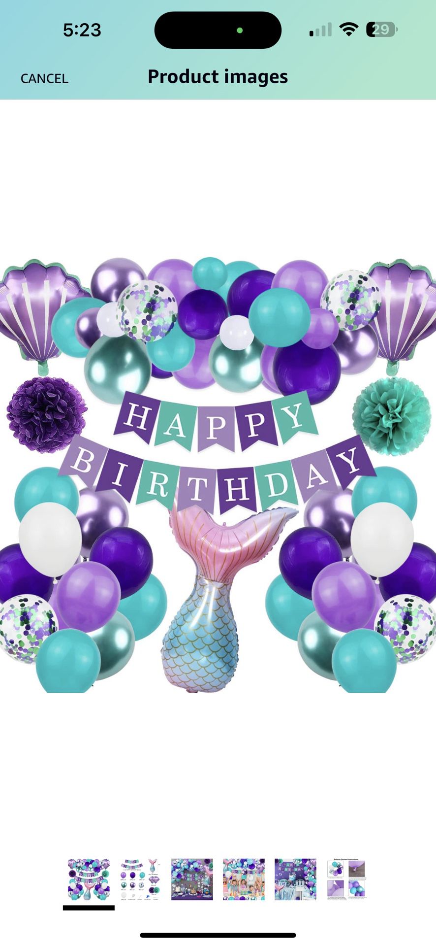 Mermaid Birthday Decorations Girls Little Mermaid Party Balloons Kit with Happy Birthday Banner Tail and Shell Foil Balloons Purple Green Pompom