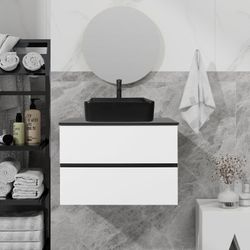 30-Inch Black and White Wall Mounted Bathroom Vanity Cabinet with 2 Drawers and Black Ceramic Sink