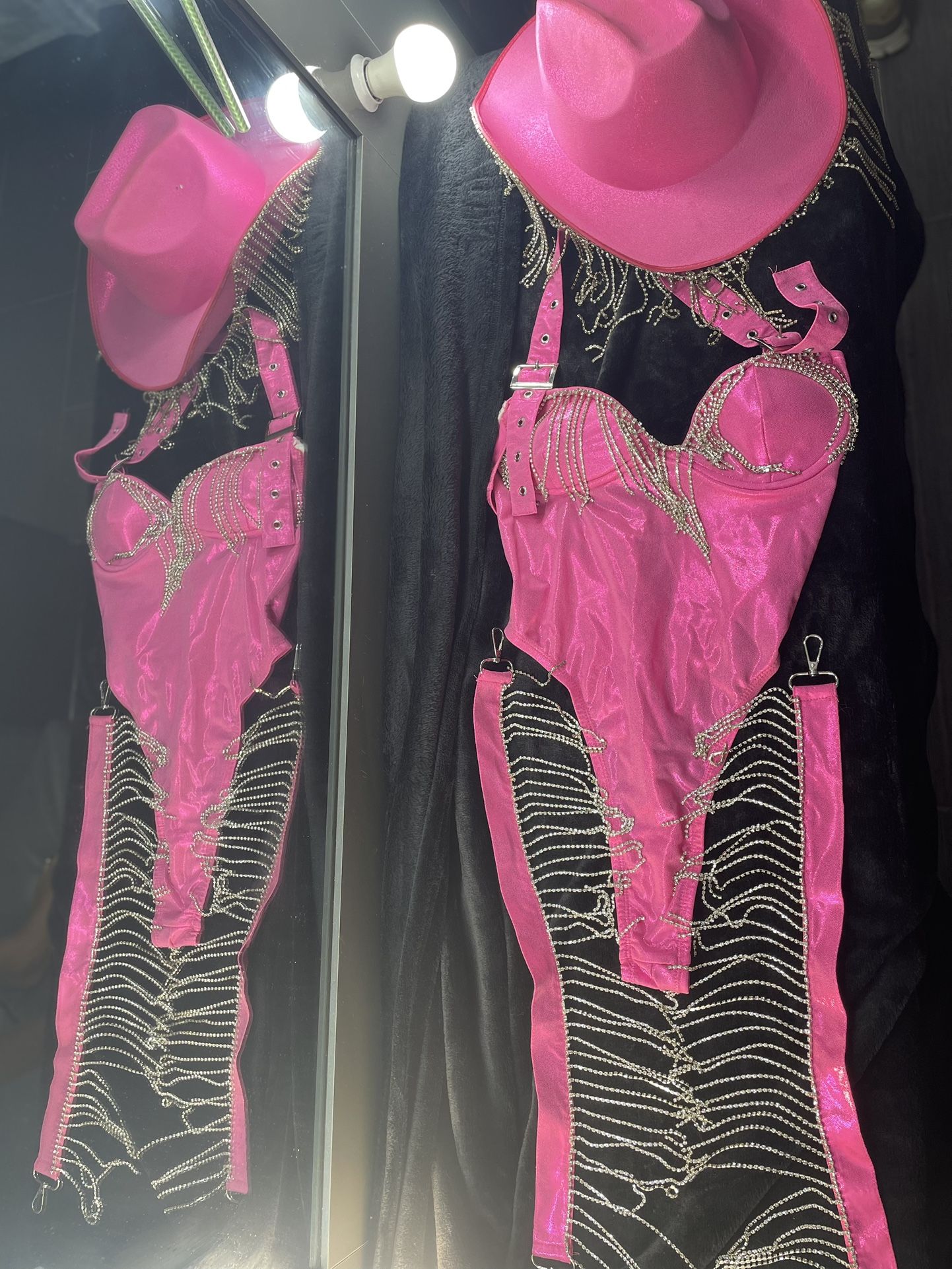 Pink Rhinestone Cowboy Hat and Bodysuit Set