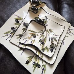Square Hand Painted Olive Design Plates Set of 3 