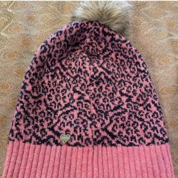 Juicy Couture Girls Shimmer Pink Cheetah Knit Hat Pom Pom L