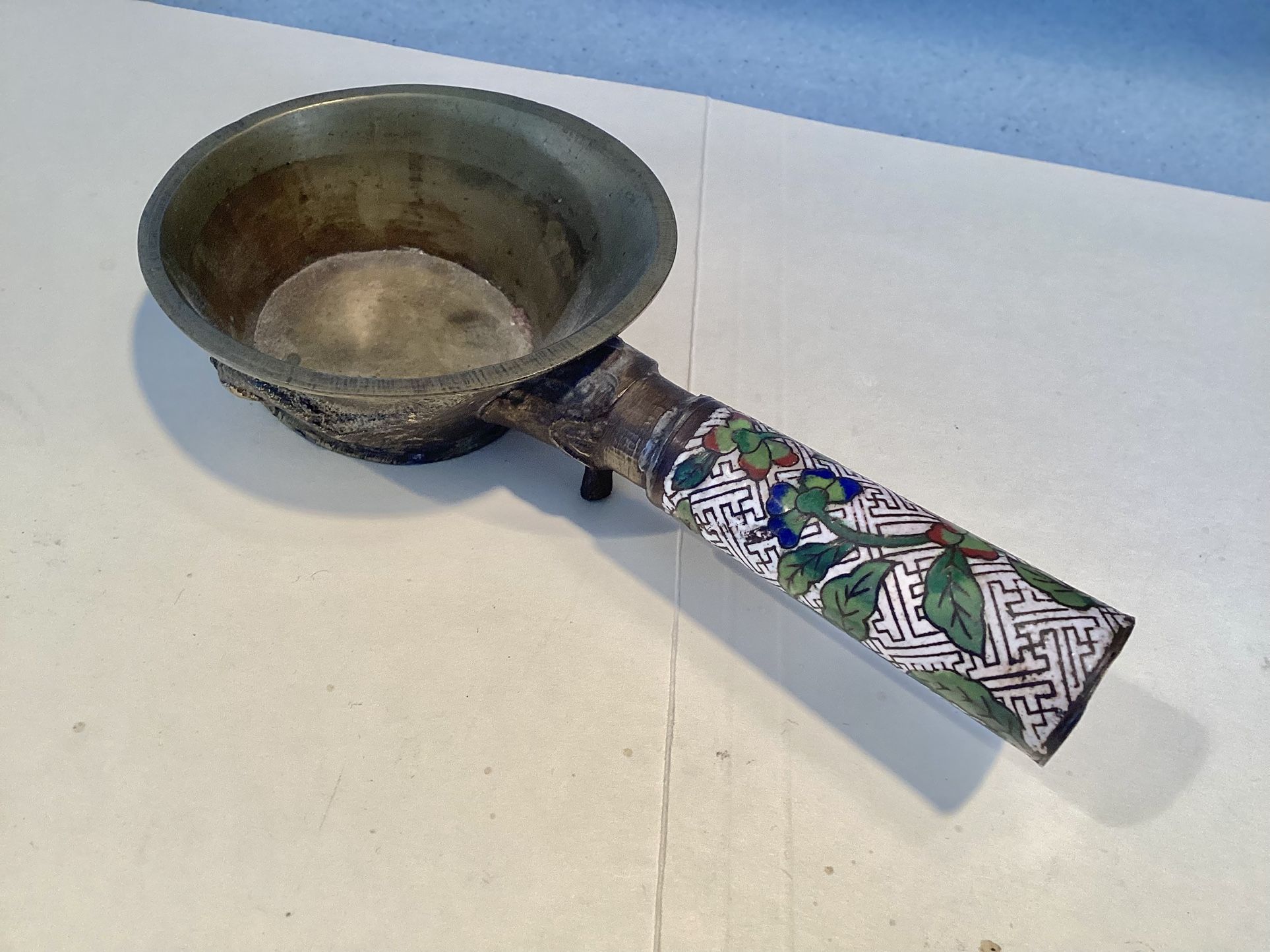 Antique Chinese Brass Cooking Vessel Rice Scoop Silk Coal Iron Cloisonné Enamel Handle Dragon Motif Incense Burner
