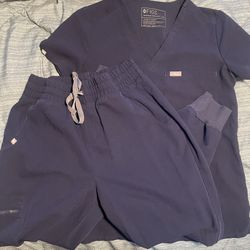 FIGS Navy Scrub Set Catarina One-Pocket Top Zamora Jogger Pants 