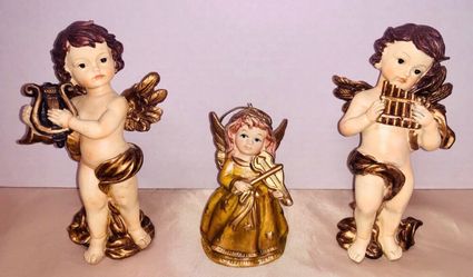 Set of 3 Singing Angels Musical Instruments Bell Figurines Wings Gold Christmas Ornaments