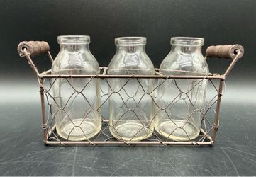 Chicken Wire Carrier with Glass Bottles