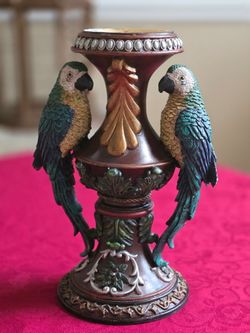 Vintage Ornate Resin Double Parrot Pillar Candle Holder Pedestal Tropical Decor