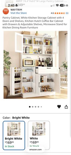 New Pantry Cabinet, White Kitchen Storage Cabinet with 4 Doors and Shelves, Kitchen Hutch Coffee Bar Cabinet with Drawers & Adjustable Shelves