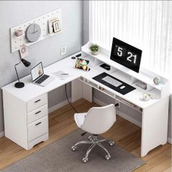 60" White L Shaped Desk with File Drawers and Power Outlet
Large Home Office Corner Computer Desk with Spacious Storage Space, L Shaped Office Desk wi