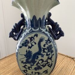 Vintage Cobalt Blue & Celadon Painted Dragon Signed Chinese Vase 