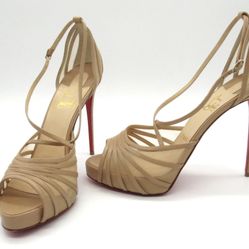 Christian Louboutin Filamenta 120 Beige Mesh Leather Strappy Sandals EU 39.5