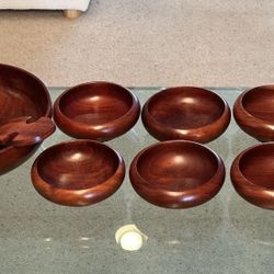 Mid Century Modern Vintage David Auld Style Solid Mahogany Wood Set Large 12” Salad Fruit Bowl 8 Small Bowls 2 Serving Forks
