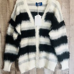 AELFRIC EDEN COLOR BLOCKING STRIPED FUZZY CARDIGAN