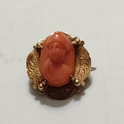 Antique Victorian Hand Carved Red Coral Cameo Brooch  14kt Gold