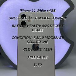 iPhone 11 White 64GB UNLOCKED Used Authentic