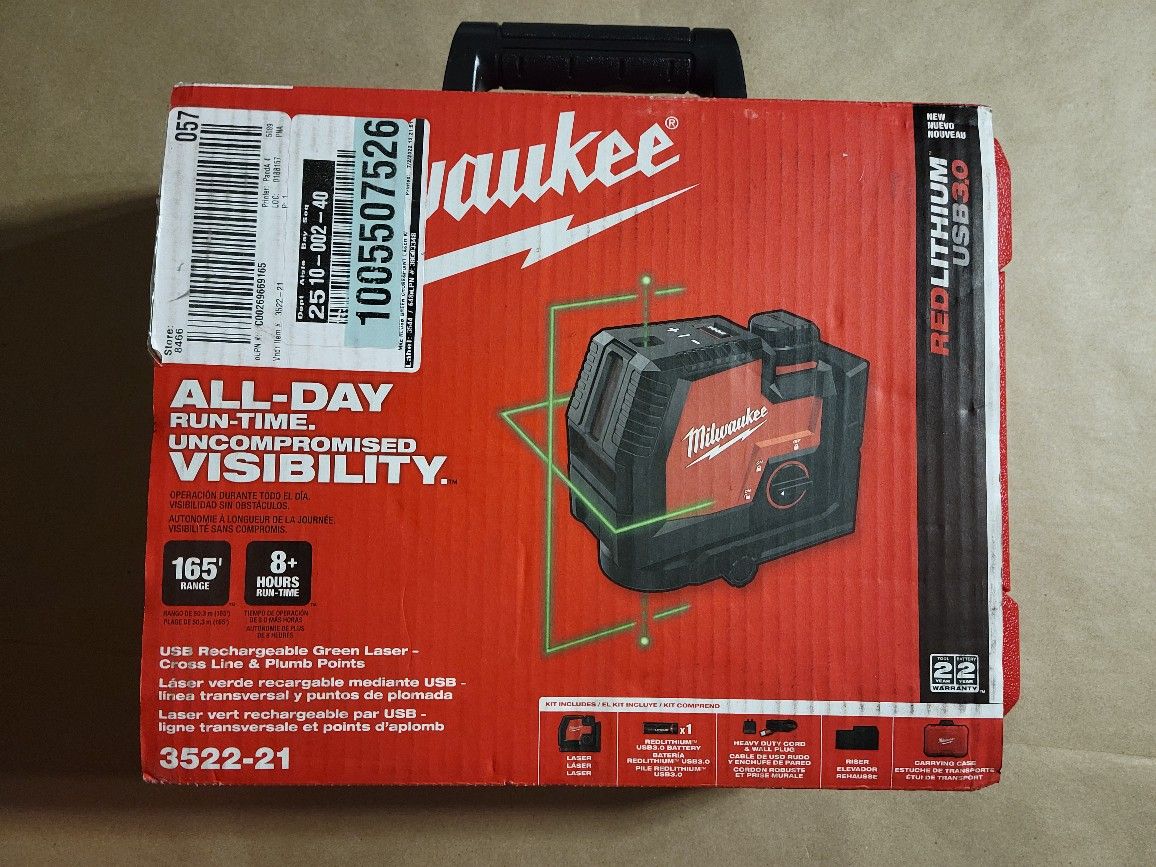 Milwaukee
Green 100 ft. Cross Line and Plumb Points Rechargeable Laser Level with REDLITHIUM Lithium-Ion USB Battery and Charger