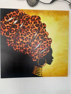 African Woman Silhouette Canvas Wall Art with Leopard Print Headwrap