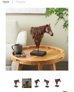 DARK BROWN CERAMIC HORSE HEAD DECORATIVE SCULPTURE WITH BLACK RECTANGLE BASE, 11" X 5" X 11"