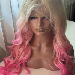 Ash blonde & Pink Human Hair Lace Wig 28”