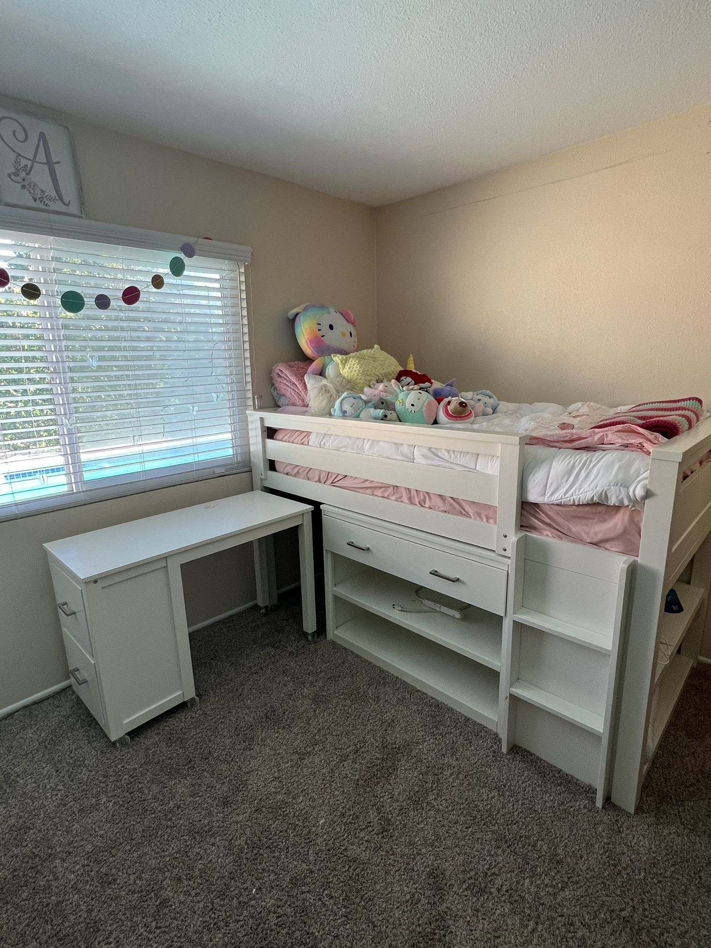 Little Girls Elevated Bed With Pull Out Desk And Storage Under Bed