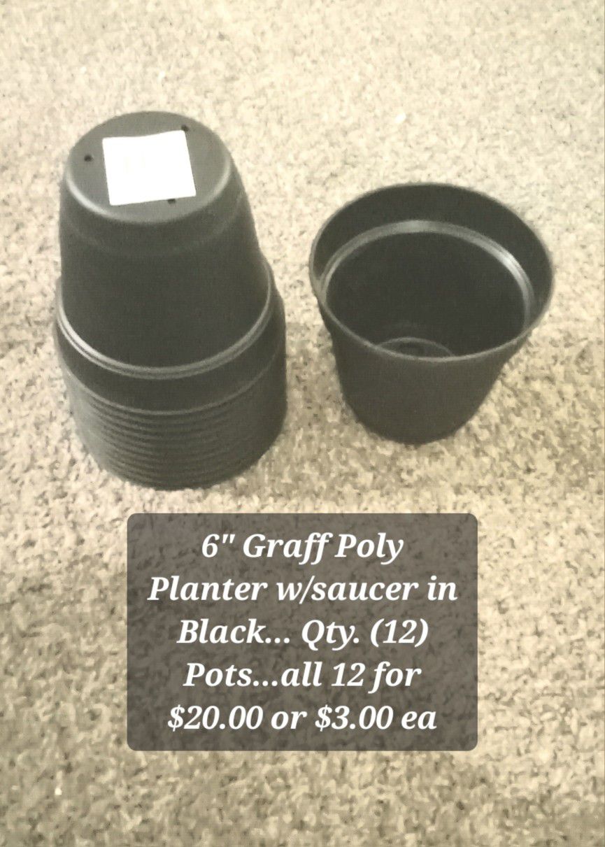 6" Poly Planter Pots w/Built In Saucer...Qty. 12 Pots 