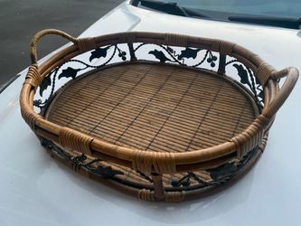 Oval Rattan Bamboo Metal Serving Tray with Leaf Design