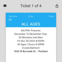 Tickets x4 - Sold out -Of Monsters & Men 11/28, Crystal Ballroom