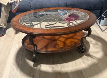 Oval Wood and Glass Coffee Table