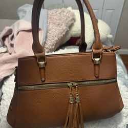 Elegant Brown Tote Handbag • Gold Zippers • Tassel Detail • Like New 
