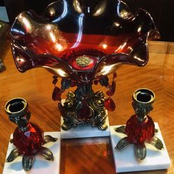 Antique  1875-1915 Ruby Glass Brides Bowl, Candle Holders, Brass Pedestal,Marble Base.