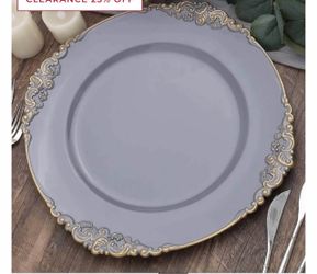 Acrylic Charger Plates 13" Round Charcoal Gray with Gold Embossed Baroque Rim for weddings and event